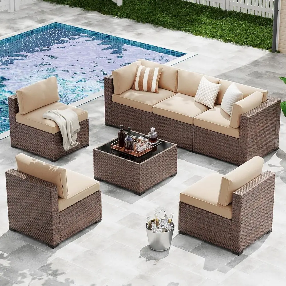 7-Piece Outdoor Wicker Patio Furniture Set with Cushions, Waterproof Cover, Beige
7-Piece Outdoor Wicker Patio Furniture Set with Cushions, Waterproof Cover, Beige