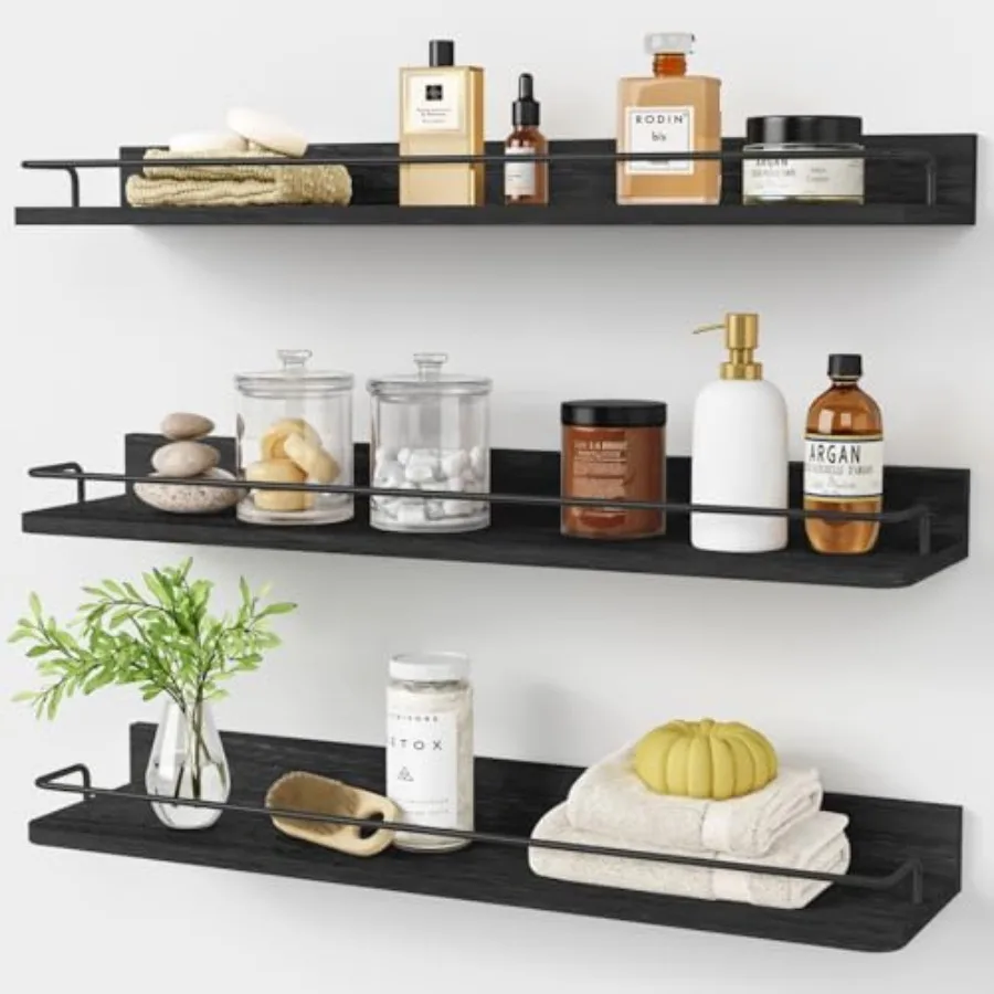 24 Inch Wall Shelves for Bedroom 3-Pack, Black Floating Shelves with Rail, Vintage Large Floating Book Shelves for Bathroom Kit
24 Inch Wall Shelves for Bedroom 3-Pack, Black Floating Shelves with Rail, Vintage Large Floating Book Shelves for Bathroom Kit