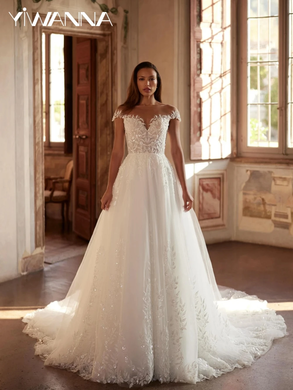 Dazzling Beaded Lace Appliques Wedding Dress Boat Neck Short Sleeve Bridal Gown Customized Dreamy A-line Tulle Dresses For Bride
Dazzling Beaded Lace Appliques Wedding Dress Boat Neck Short Sleeve Bridal Gown Customized Dreamy A-line Tulle Dresses For Bride