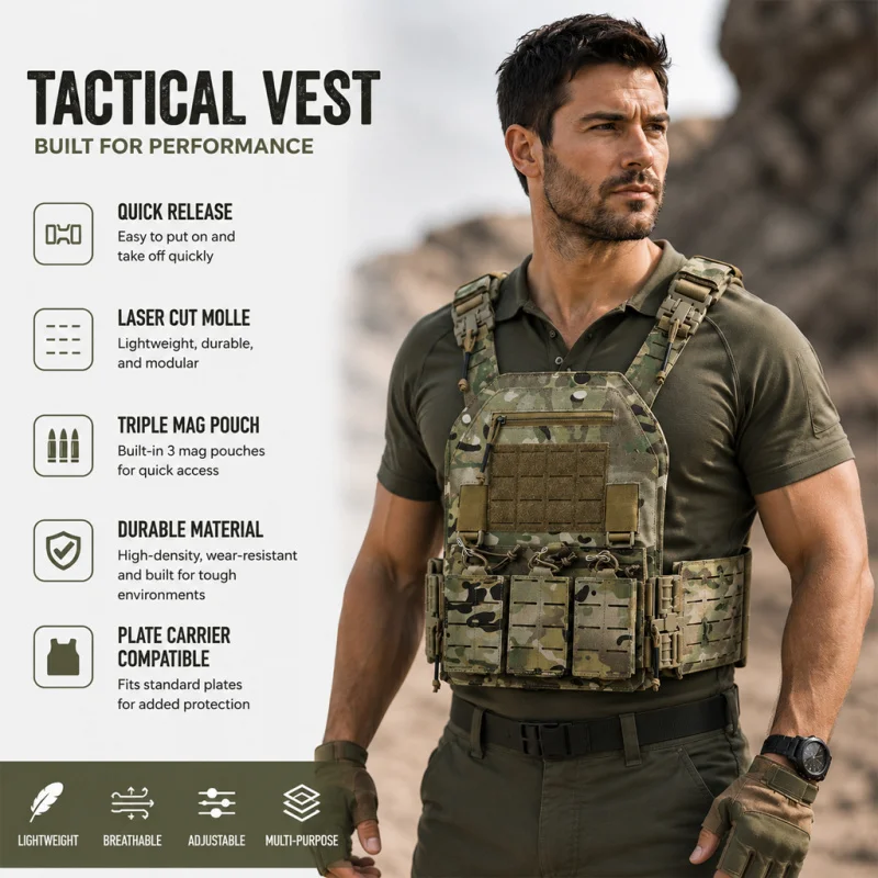 Wear-resistant quick-release laser-cut molle system outdoor hunting training tactical vest made of nylon material
Wear-resistant quick-release laser-cut molle system outdoor hunting training tactical vest made of nylon material