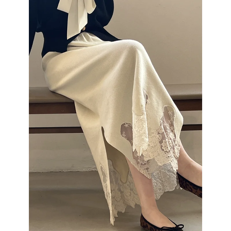 Knitted Lace Elastic Skirt Women 2024 Autumn Winter New Korean Chic Thick Split Elegant Vintage Basic Black White Lady Skirt
Knitted Lace Elastic Skirt Women 2024 Autumn Winter New Korean Chic Thick Split Elegant Vintage Basic Black White Lady Skirt