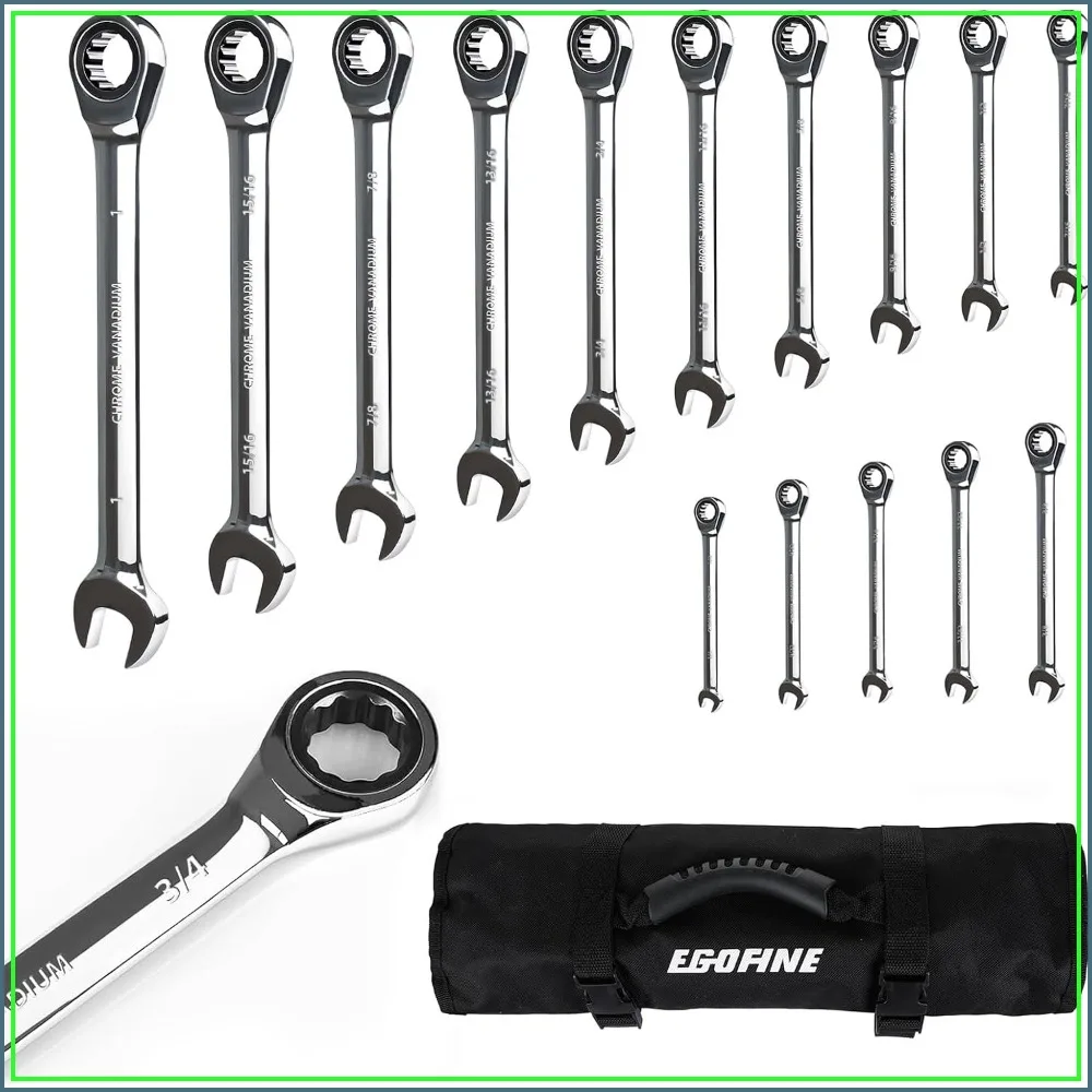 15-Piece SAE Ratcheting Wrench Set, 1/4" to 1", Chrome Vanadium Steel, 12-Point, 72-Teeth, Combination Wrenches with Roll-Up Bag
15-Piece SAE Ratcheting Wrench Set, 1/4" to 1", Chrome Vanadium Steel, 12-Point, 72-Teeth, Combination Wrenches with Roll-Up Bag