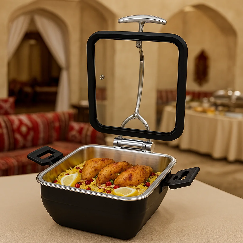 Black Square Buffet Food Warmer with Hydraulic Glass Lid | Steam Heated Non-Electric Chafing Dish for Hotel and Catering Service
Black Square Buffet Food Warmer with Hydraulic Glass Lid | Steam Heated Non-Electric Chafing Dish for Hotel and Catering Service