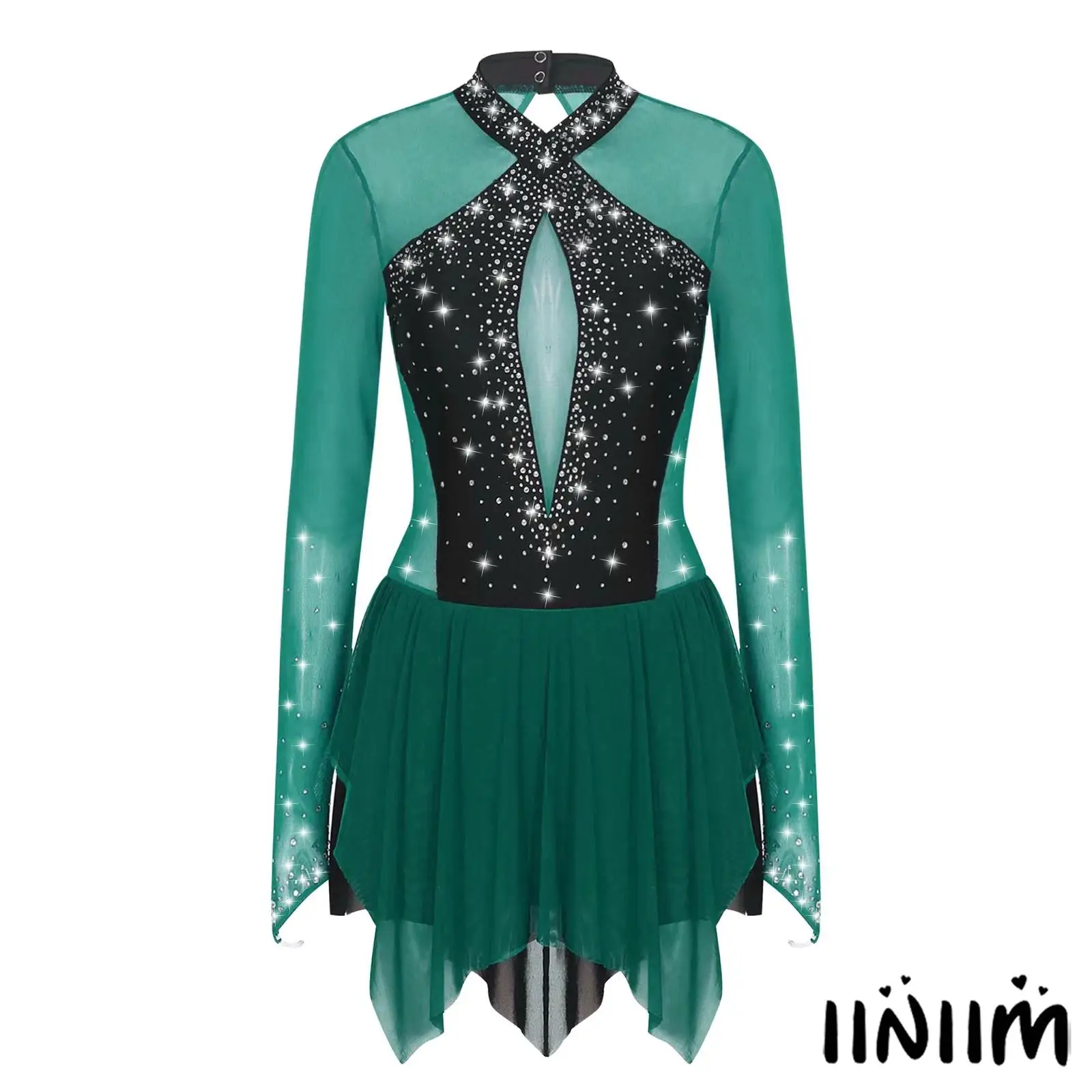Womens Figure Skating Costume Rhinestones Ballet Lyrical Dance Dress Irregular Hem Keyhole Back Long Sleeve Gymnastics Dresses 
Womens Figure Skating Costume Rhinestones Ballet Lyrical Dance Dress Irregular Hem Keyhole Back Long Sleeve Gymnastics Dresses