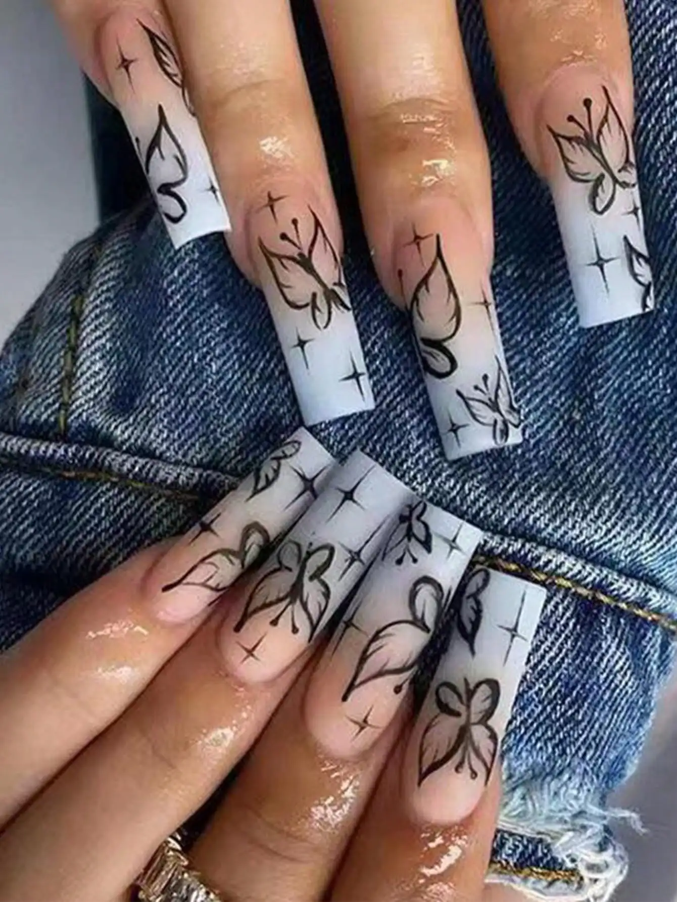 French Style Pink & Blue Ombre Butterflies & Stars Long Ballerina Wear Nail Art 24pcs + Jelly Glue 1pc + Nail File 1pc Press On Nails Nail Supplies
French Style Pink & Blue Ombre Butterflies & Stars Long Ballerina Wear Nail Art 24pcs + Jelly Glue 1pc + Nail File 1pc Press On Nails Nail Supplies