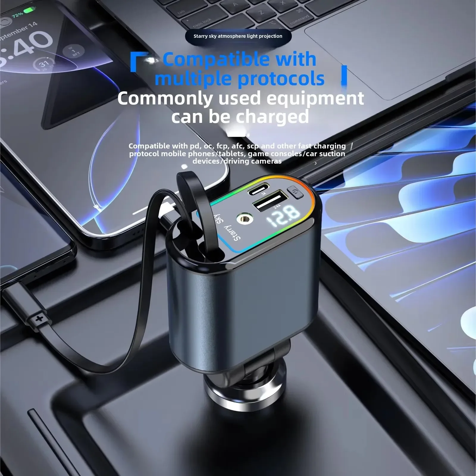 New Retractable 120W Car Charger Starry Sky Top Projection Light Four-In-One Type-C+Lightning Dual Wires Usb+Pd Expansion Socket 
New Retractable 120W Car Charger Starry Sky Top Projection Light Four-In-One Type-C+Lightning Dual Wires Usb+Pd Expansion Socket