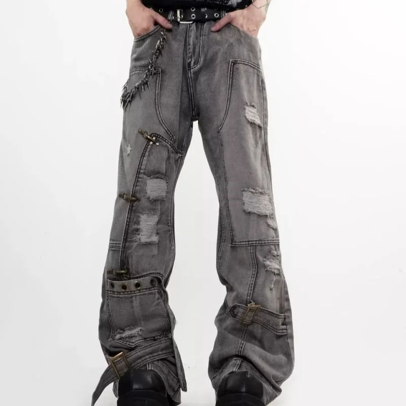 Street Fashion High Quality Punk Style Bandage Design Boot-Cut Jeans Unisex Broken Hole Splicing Airplane Buckle Deconstructed
Street Fashion High Quality Punk Style Bandage Design Boot-Cut Jeans Unisex Broken Hole Splicing Airplane Buckle Deconstructed