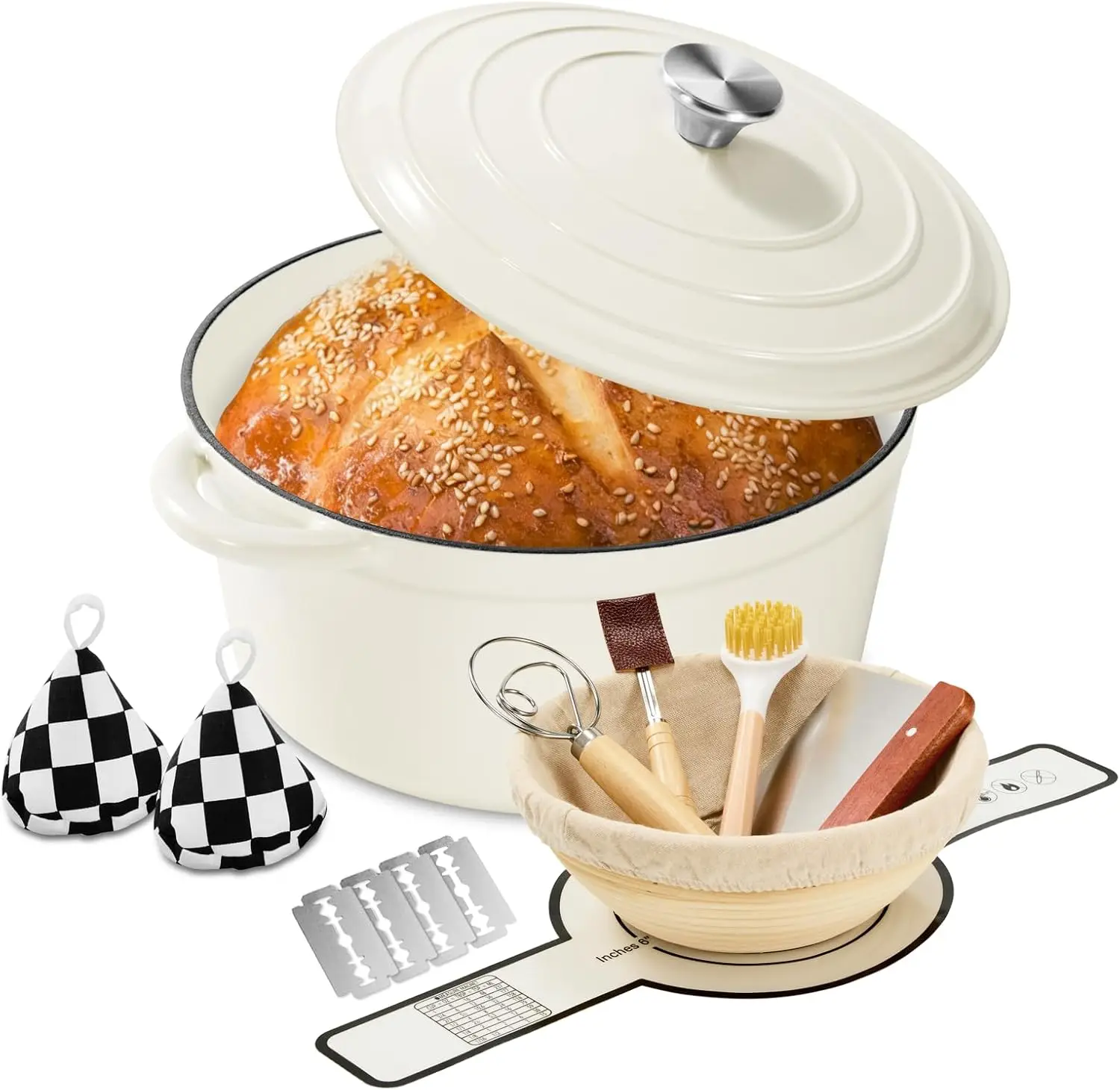 6.5 QT Enameled Cast Iron Dutch Oven, Cream White, with Bread Baking Kit
6.5 QT Enameled Cast Iron Dutch Oven, Cream White, with Bread Baking Kit