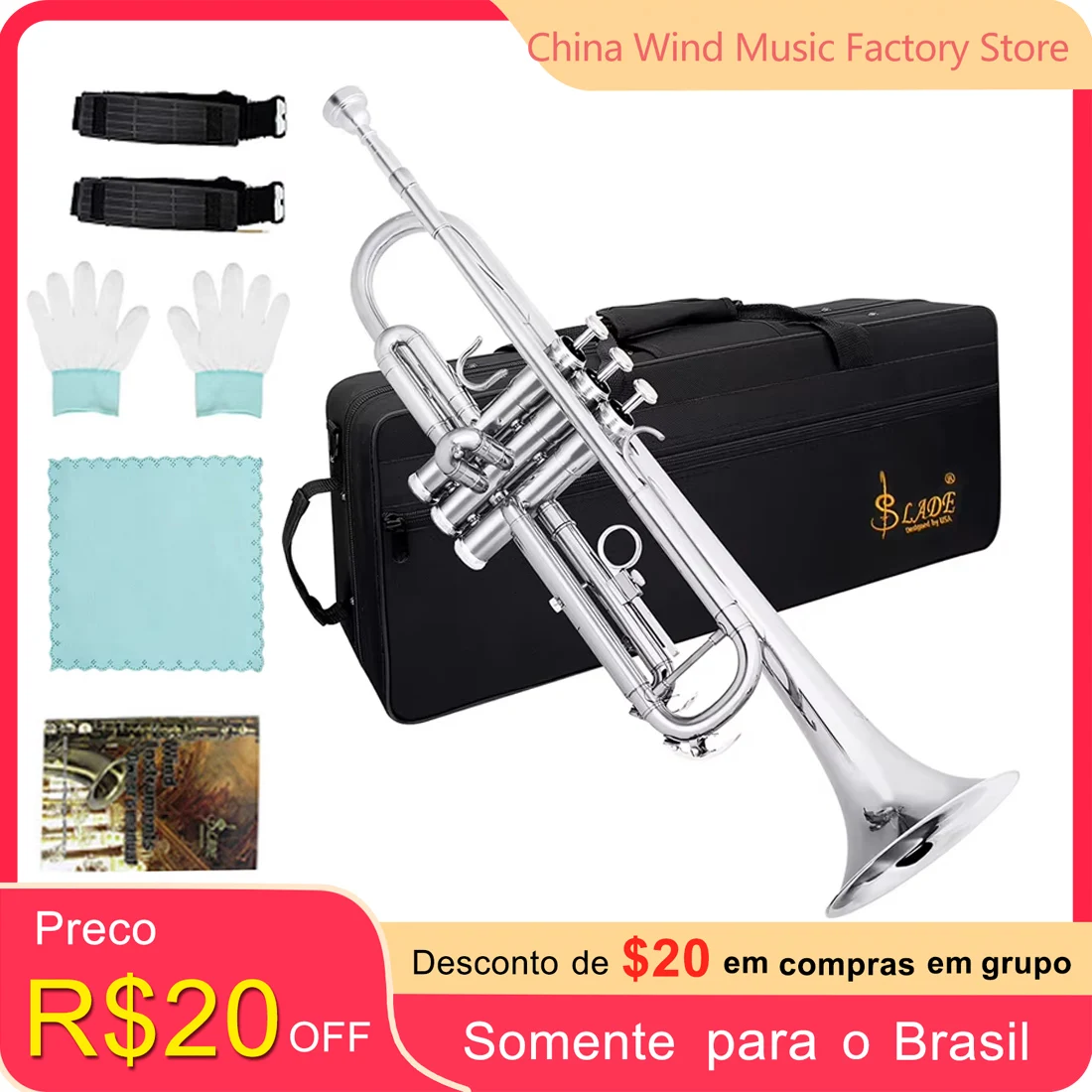 Silver SLADE Bb Trumpet Brass Instrument Standard Brass Trumpet Set for Students Beginners with Box 7C Blow Mouth Gloves Parts
Silver SLADE Bb Trumpet Brass Instrument Standard Brass Trumpet Set for Students Beginners with Box 7C Blow Mouth Gloves Parts