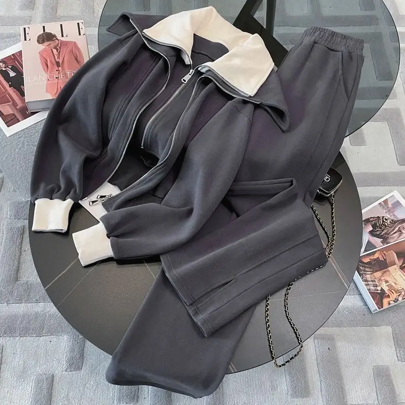 Gray Leisure Sports Suit Women Fall 2023 New Lapel Style Splicing Women Hoodie Pants Two-piece Set
Gray Leisure Sports Suit Women Fall 2023 New Lapel Style Splicing Women Hoodie Pants Two-piece Set