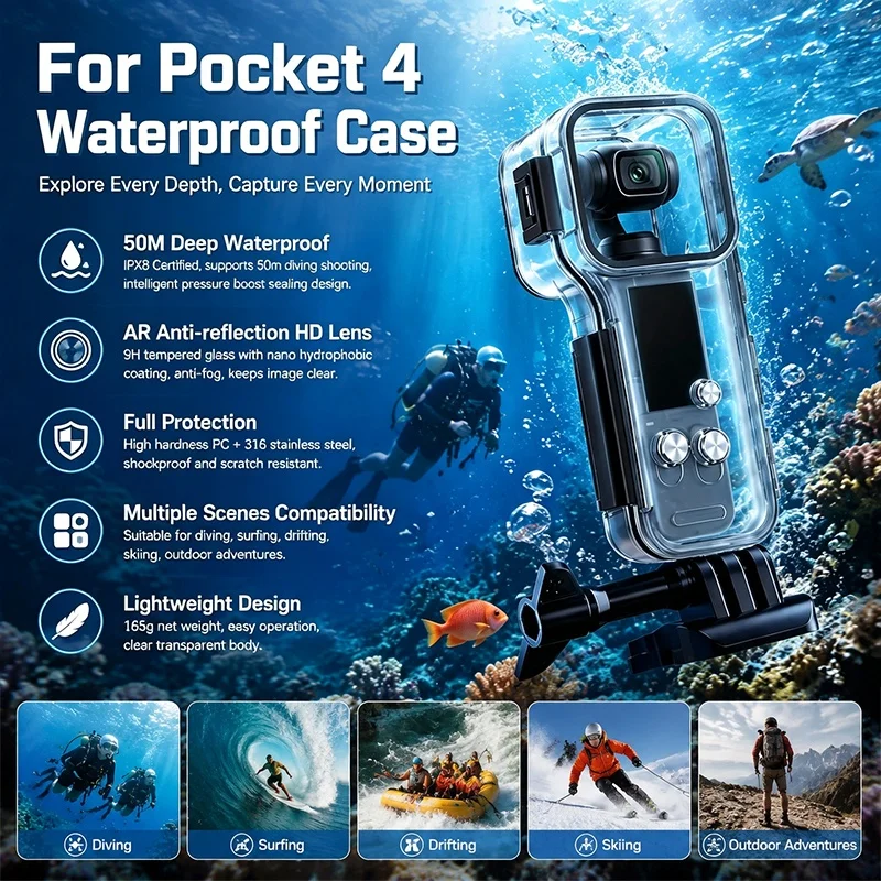 Waterproof Case For DJI Osmo Pocket 4 Camera Underwater Diving Housing Cover Protective Shell Surf Accessories
Waterproof Case For DJI Osmo Pocket 4 Camera Underwater Diving Housing Cover Protective Shell Surf Accessories