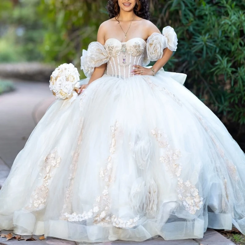 Ivory Shiny Quinceanera Dresses Off The Shoulder Applique Flower Beading Tull Corset Party Birthday Sweet 16 Dress Vestidos 15
Ivory Shiny Quinceanera Dresses Off The Shoulder Applique Flower Beading Tull Corset Party Birthday Sweet 16 Dress Vestidos 15