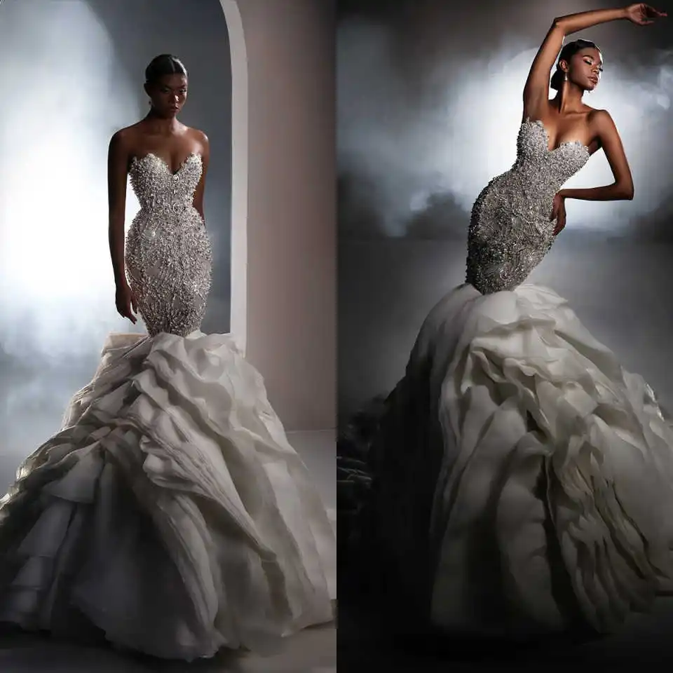 Exquisite Strapless Mermaid Wedding Dress Luxury Pearls Crystal Bridal Dress Puffy Ruched Customized vestidos de novia
Exquisite Strapless Mermaid Wedding Dress Luxury Pearls Crystal Bridal Dress Puffy Ruched Customized vestidos de novia