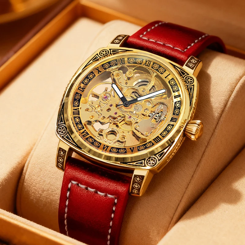 A men's yellow and red casual fashion mechanical watch with finely embossed PU leather
A men's yellow and red casual fashion mechanical watch with finely embossed PU leather