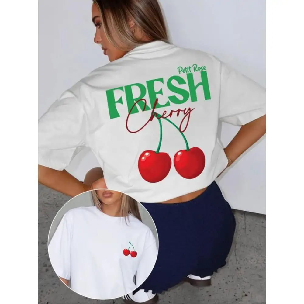 Women's Cherry & Letter Print Round Neck Tee, Casual Short Sleeve Crew Neck T-shirt for Daily Wear,Ladies Clothes for All Season
Women's Cherry & Letter Print Round Neck Tee, Casual Short Sleeve Crew Neck T-shirt for Daily Wear,Ladies Clothes for All Season