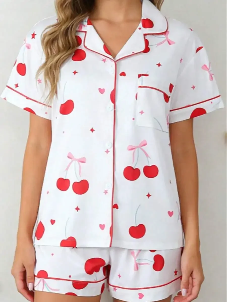 Womens Cherry Bow Heart Print Pajama Set Lapel Button Short Sleeve Top Elastic Loose Shorts
Womens Cherry Bow Heart Print Pajama Set Lapel Button Short Sleeve Top Elastic Loose Shorts