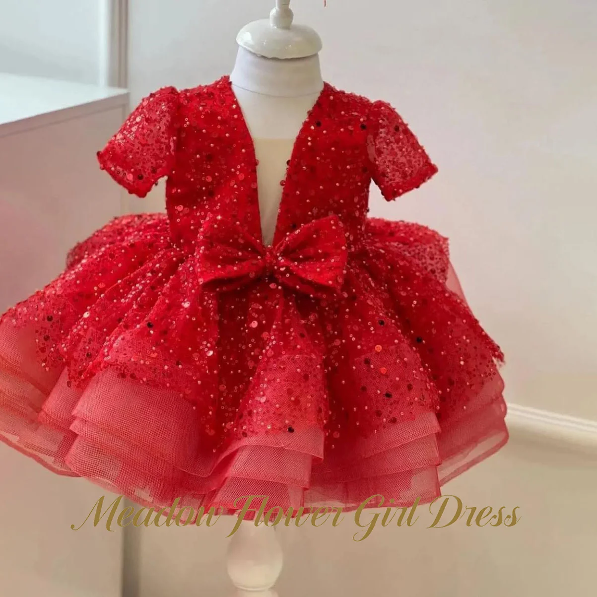 Meadow Red Sequin Children Birthday Wedding Dresses Deep V-Neck First Communion Gown with Large Bow Playful Girls Princess Dress
Meadow Red Sequin Children Birthday Wedding Dresses Deep V-Neck First Communion Gown with Large Bow Playful Girls Princess Dress