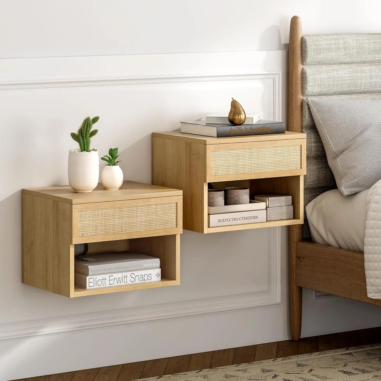 Natural Oak Rattan Floating Nightstand Drawer Wall Mounted Open Storage Bedroom Entryway, Customized
Natural Oak Rattan Floating Nightstand Drawer Wall Mounted Open Storage Bedroom Entryway, Customized