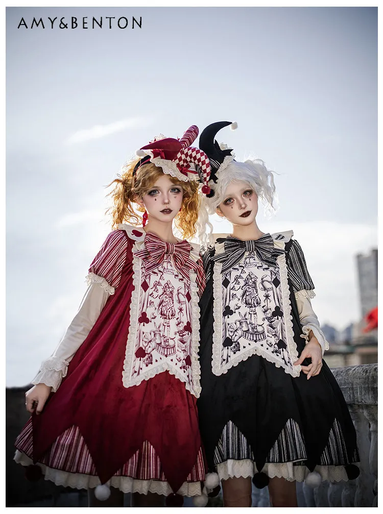 Women Spring Autumn Lolita Dress Black Red Loose Long Sleeve Outfit with Striped Waistband Bownot Clown Headband 5-Piece Set
Women Spring Autumn Lolita Dress Black Red Loose Long Sleeve Outfit with Striped Waistband Bownot Clown Headband 5-Piece Set