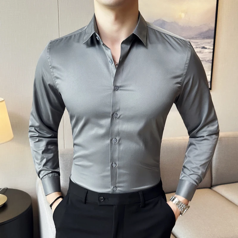 Formal Business Mens Shirt Lapel Slim Fashion Office Casual Social Shirts Anti-wrinkle Ice Silk Stretch Men Clothes Korean Tops
Formal Business Mens Shirt Lapel Slim Fashion Office Casual Social Shirts Anti-wrinkle Ice Silk Stretch Men Clothes Korean Tops