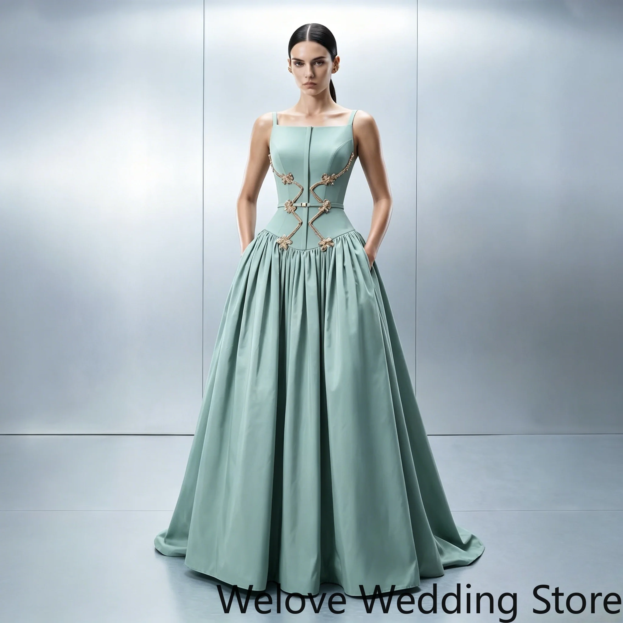 Elegant Mint Green Formal Ball Gown Featuring a Square Neckline, Thin Straps, and Intricate Gold Embellishments at the Waist
Elegant Mint Green Formal Ball Gown Featuring a Square Neckline, Thin Straps, and Intricate Gold Embellishments at the Waist