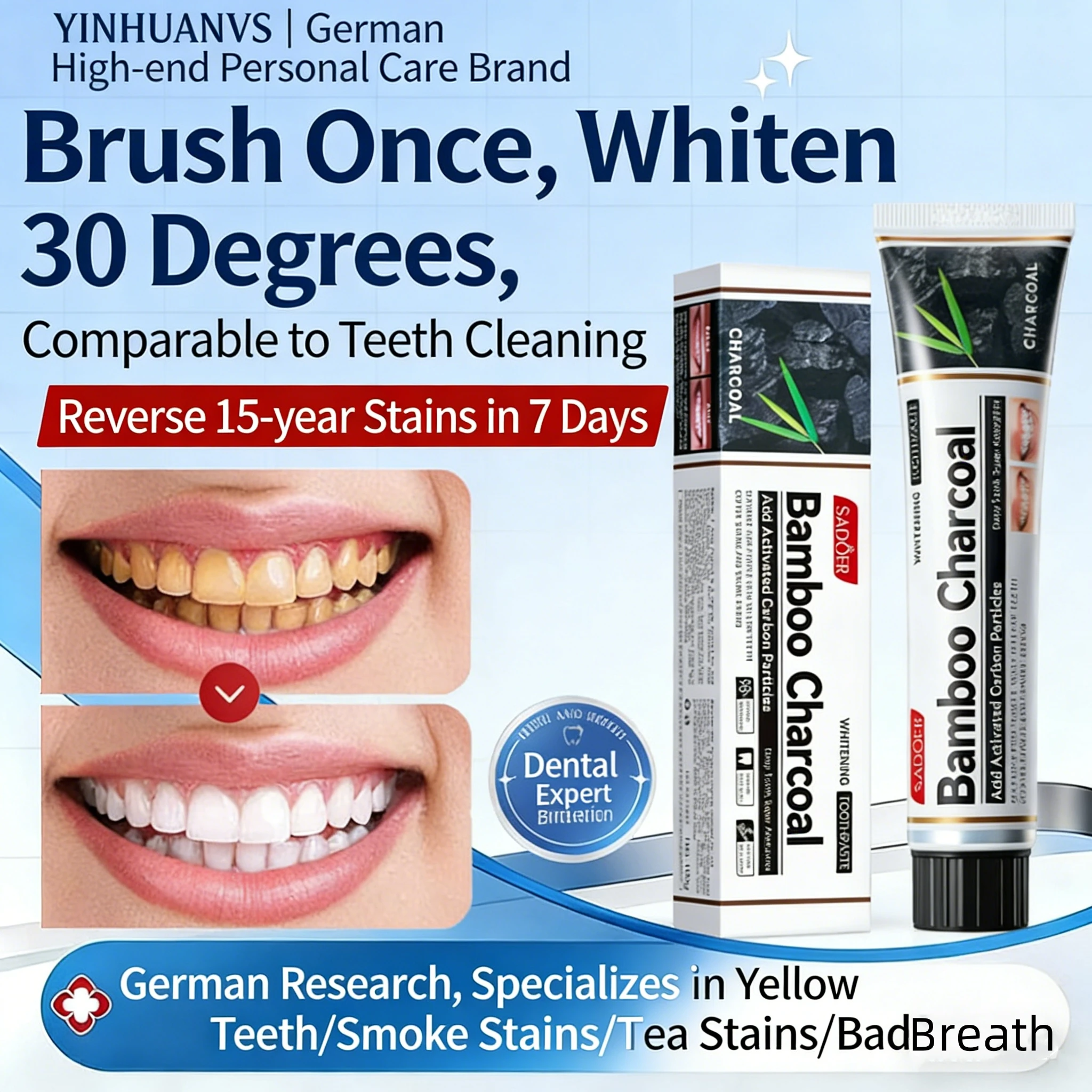 Bamboo charcoal toothpaste, tooth whitening, activated charcoal, yellow teeth removal, tooth stain cleaning, fresh oral care
Bamboo charcoal toothpaste, tooth whitening, activated charcoal, yellow teeth removal, tooth stain cleaning, fresh oral care