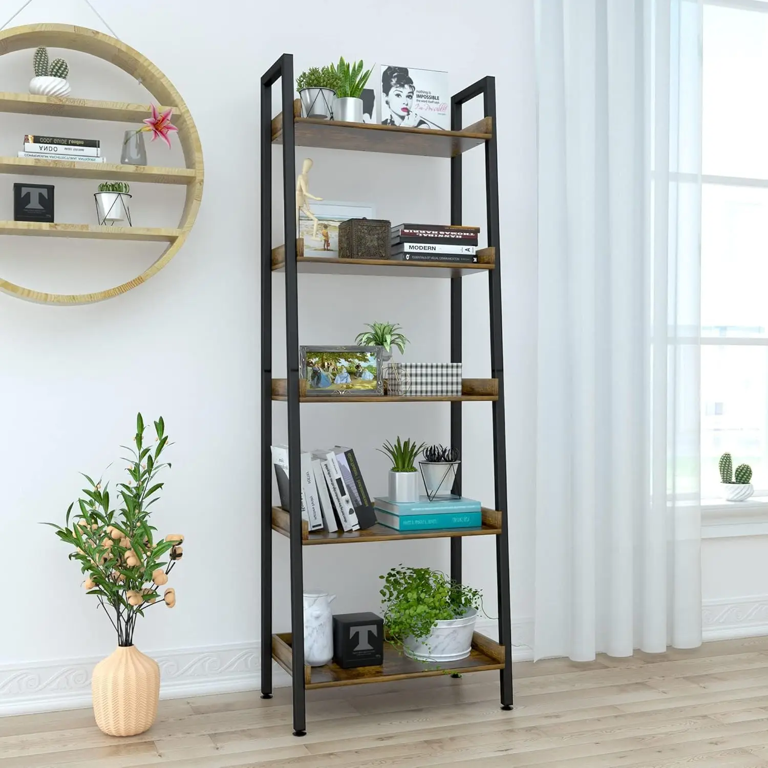 5-Tier Ladder Shelf, Ladder Bookshelf Storage Ra, Rustic Bookcase Wood Metal Freestanding Storage Shelf Display Shelf For
5-Tier Ladder Shelf, Ladder Bookshelf Storage Ra, Rustic Bookcase Wood Metal Freestanding Storage Shelf Display Shelf For