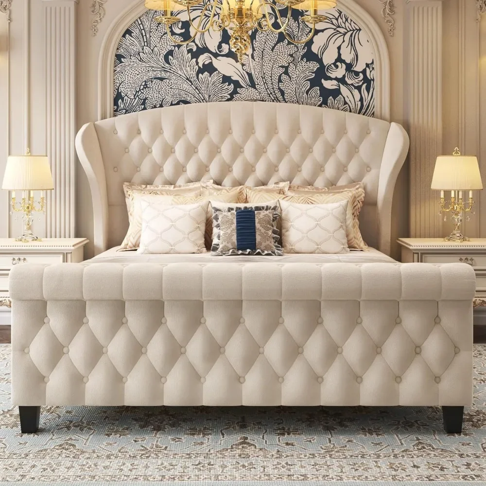 Queen Platform Bed Frame, 52.5" Tall Velvet Upholstered Sleigh Bed with Scroll Wingback Headboard & Footboard
Queen Platform Bed Frame, 52.5" Tall Velvet Upholstered Sleigh Bed with Scroll Wingback Headboard & Footboard