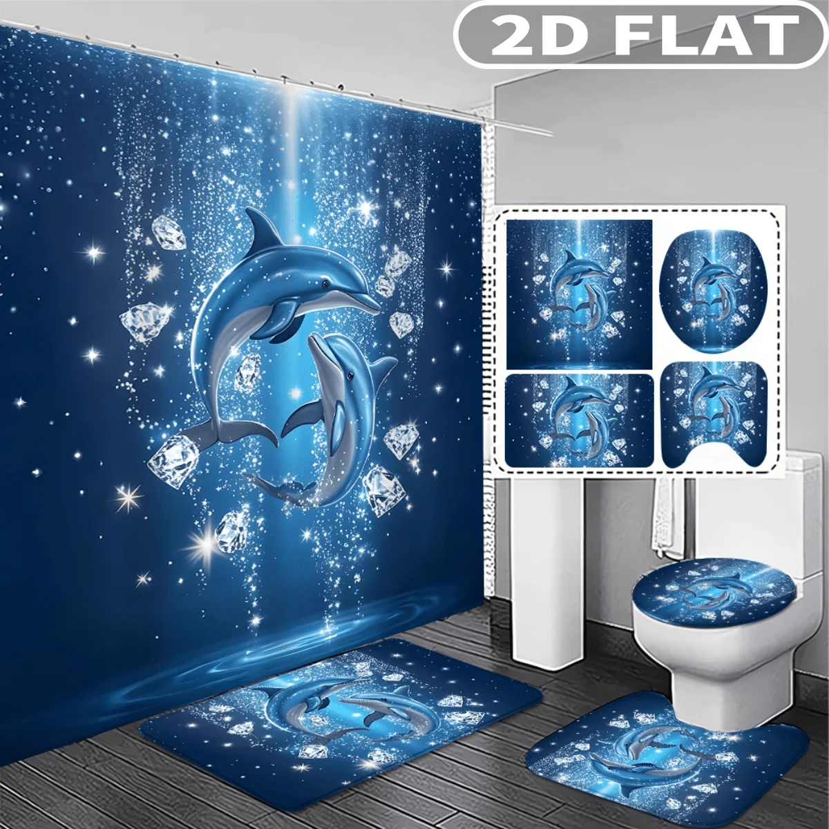 4pcs 2D FLAT Dolphin Sparkle Ocean Blue Pattern Shower Curtain Set, with 3pc Bath Mat and 1pc Curtains Perfect for Home Decor
4pcs 2D FLAT Dolphin Sparkle Ocean Blue Pattern Shower Curtain Set, with 3pc Bath Mat and 1pc Curtains Perfect for Home Decor