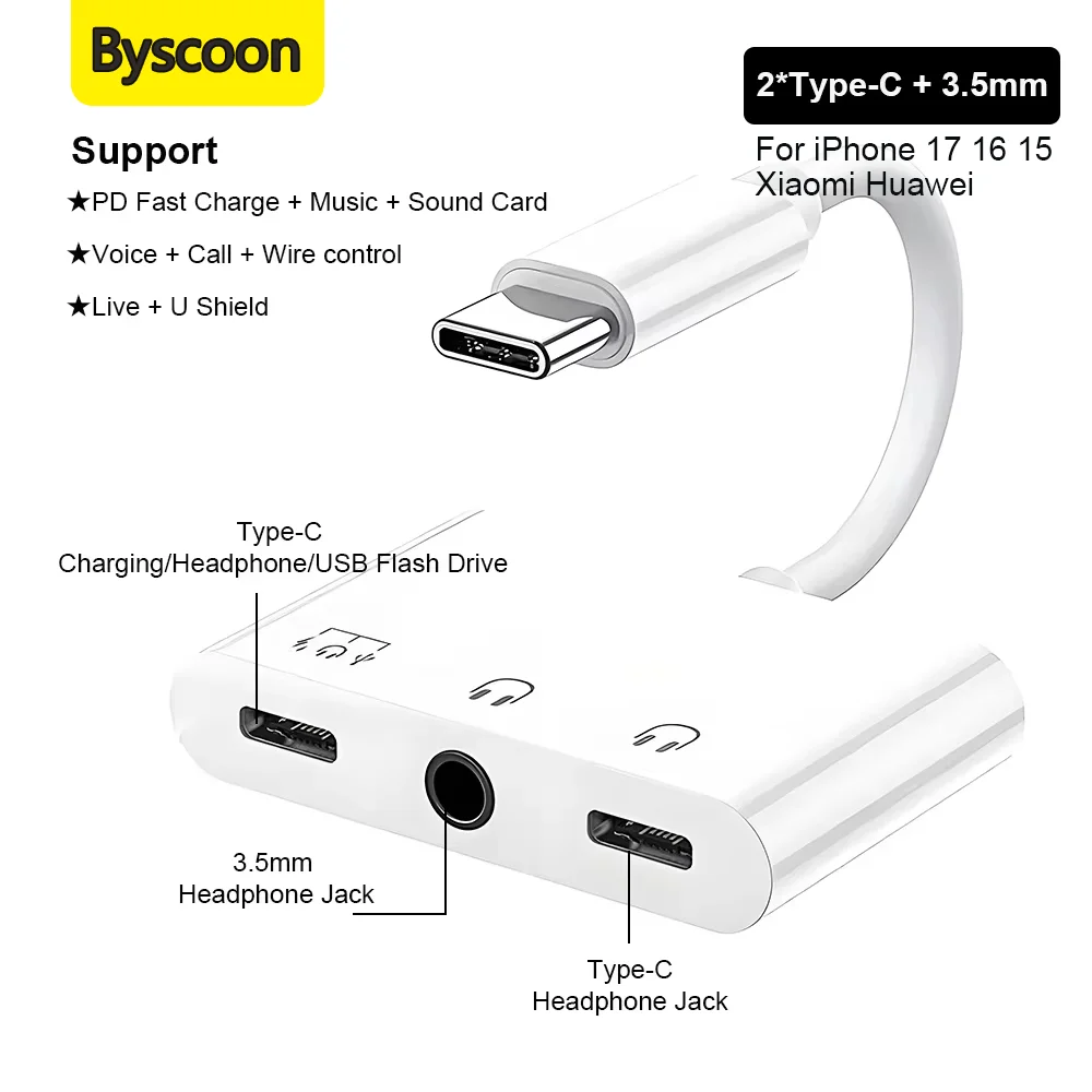 Двойной USB Type-C адаптер для наушников с разъемом 3,5 мм для iPhone 17, 16, 15, Huawei, Xiaomi, аудиоразветвитель Aux с быстрой зарядкой PD 60 Вт
Двойной USB Type-C адаптер для наушников с разъемом 3,5 мм для iPhone 17, 16, 15, Huawei, Xiaomi, аудиоразветвитель Aux с быстрой зарядкой PD 60 Вт