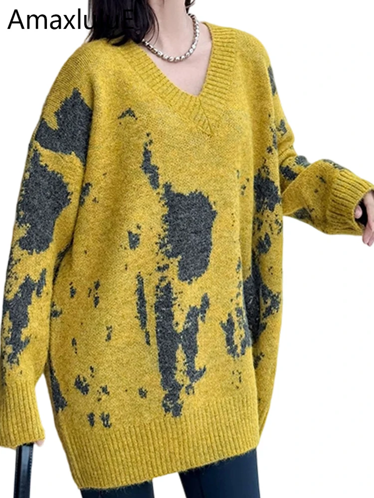 Amax LuluE 2025 корейский зимний пуловер с v-образным вырезом и принтом, женские свободные модные свитера, женские классические винтажные теплые джемперы большого размера
Amax LuluE 2025 корейский зимний пуловер с v-образным вырезом и принтом, женские свободные модные свитера, женские классические винтажные теплые джемперы большого размера