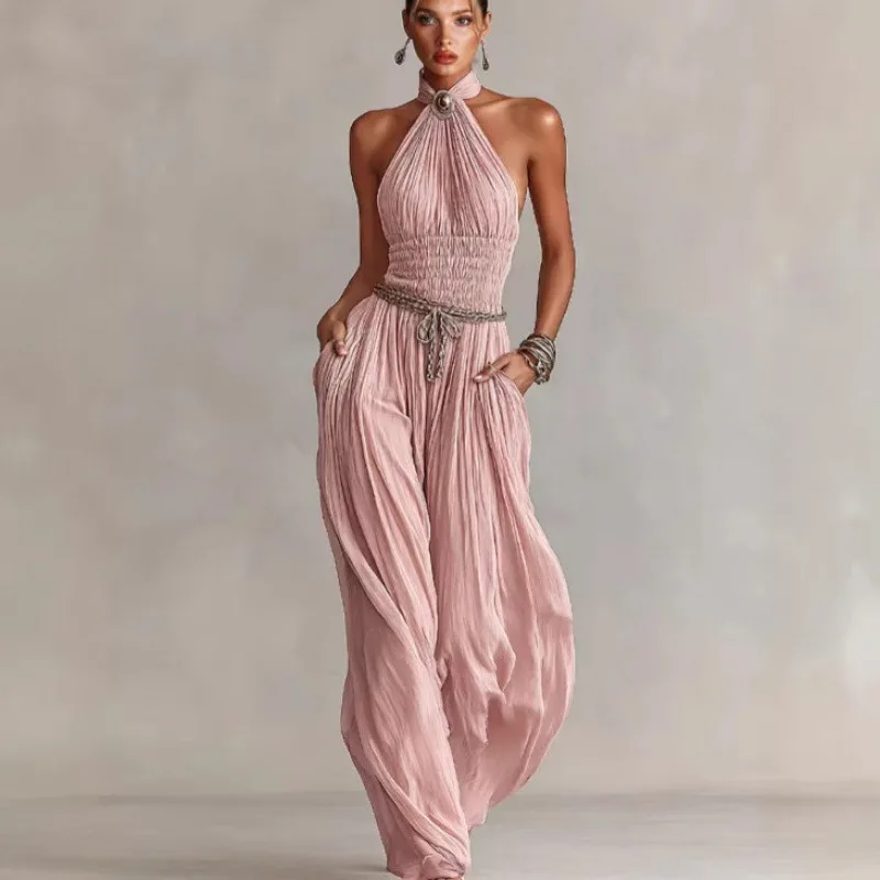 Boho Women Halter Open Back Smocked Crinkle Textured Wide-Leg Jumpsuit Lightweight with Pockets
Boho Women Halter Open Back Smocked Crinkle Textured Wide-Leg Jumpsuit Lightweight with Pockets