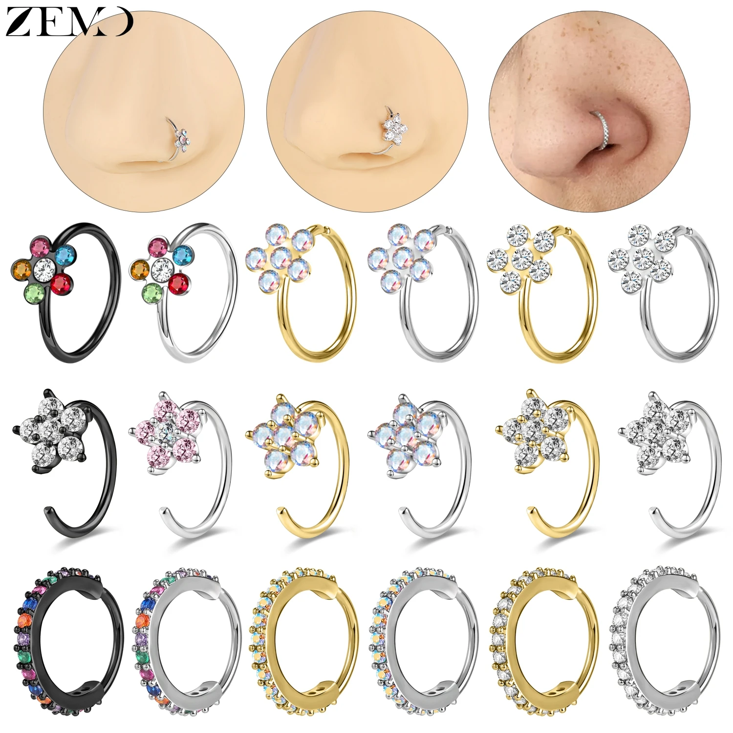 ZEMO 1 PC 18G/20G Adjustable Stainless Steel Nose Rings Women Men Flower Shape CZ Crystal Septum Ring Round Nostril Piercing 8MM
ZEMO 1 PC 18G/20G Adjustable Stainless Steel Nose Rings Women Men Flower Shape CZ Crystal Septum Ring Round Nostril Piercing 8MM