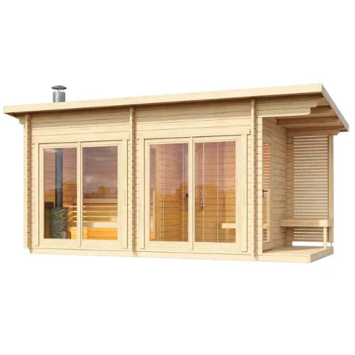 Luxury wooden sauna with panoramic glass doors and outdoor spa chimney
Luxury wooden sauna with panoramic glass doors and outdoor spa chimney
