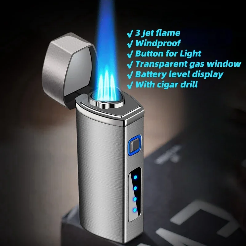 Powerful 3 Jet Flame Gas Lighter Battery Display Cigar Ligher with Cigar Puncher Metal Windproof Electric USB Lighter for Men
Powerful 3 Jet Flame Gas Lighter Battery Display Cigar Ligher with Cigar Puncher Metal Windproof Electric USB Lighter for Men