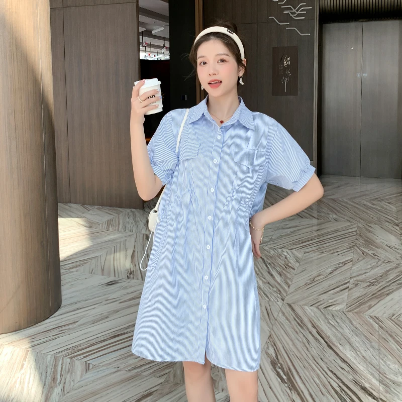 Maternity Summer Dress Turn-Down Collar Short Sleeve Blue Stripe Pregnant Women Cotton Dress Drawstring Waist Pregnancy Clothes
Maternity Summer Dress Turn-Down Collar Short Sleeve Blue Stripe Pregnant Women Cotton Dress Drawstring Waist Pregnancy Clothes