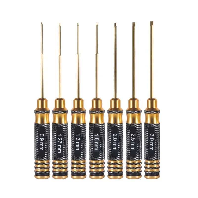 7-piece set with gold round handle and titanium plated hexagonal inner corner Steel Hex Screwdriver Set 0.9/1.27/1.3/1.5/2.0/2.5 
7-piece set with gold round handle and titanium plated hexagonal inner corner Steel Hex Screwdriver Set 0.9/1.27/1.3/1.5/2.0/2.5
