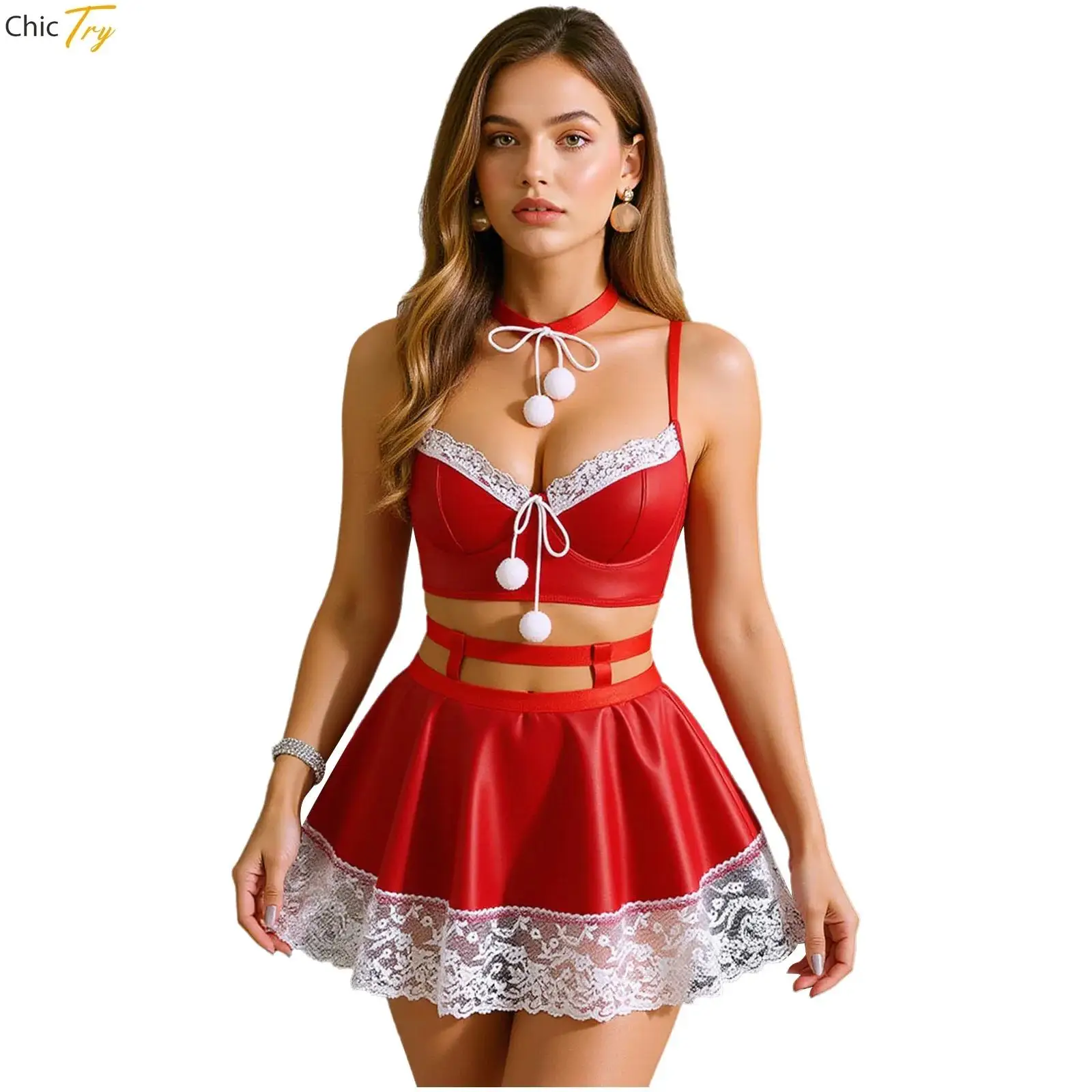 PU Leather Sexy Babydoll Lingerie Naughty Womens Christmas Santa Costume Pompom Choker Push-up Bra Top + Lace Pleated Miniskirt
PU Leather Sexy Babydoll Lingerie Naughty Womens Christmas Santa Costume Pompom Choker Push-up Bra Top + Lace Pleated Miniskirt