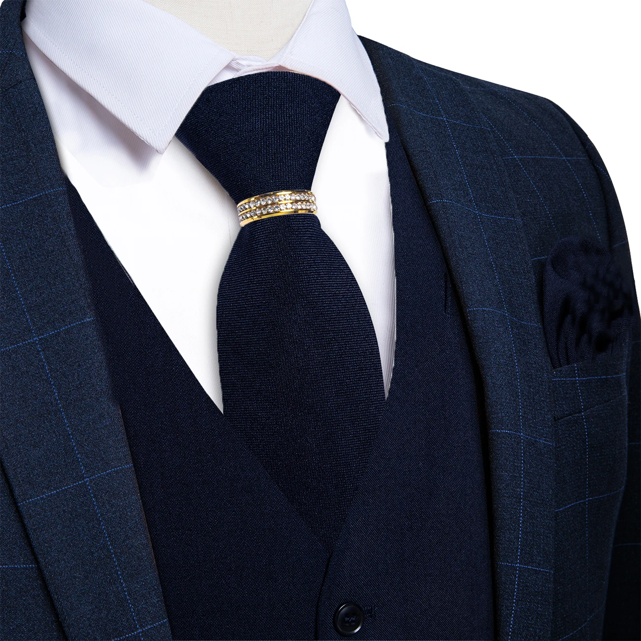 Navy Solid Textured V-Neck Vest 5Pcs Set Necktie Pocket Square Cufflinks Gold Rhinestone Tie Ring For Business Conference
Navy Solid Textured V-Neck Vest 5Pcs Set Necktie Pocket Square Cufflinks Gold Rhinestone Tie Ring For Business Conference