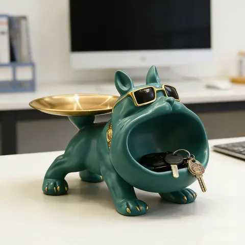 Creative Green Bulldog Statue Storage Tray Ornament Animal Dog Decoration Resin Craft Art Sculpture Home Decoration Gift