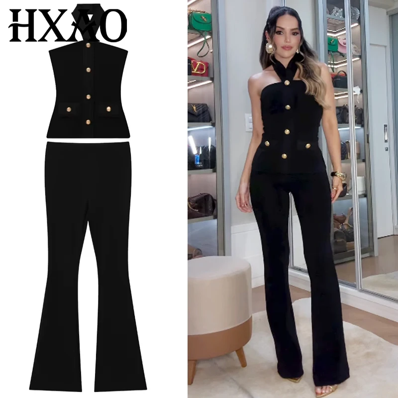 HXAO Black Elastic Pant Sets Women's Suit Strapless Halter Button Top 2 Piece Set Outfit Fashion High Waist Flared Trousers Sets
HXAO Black Elastic Pant Sets Women's Suit Strapless Halter Button Top 2 Piece Set Outfit Fashion High Waist Flared Trousers Sets
