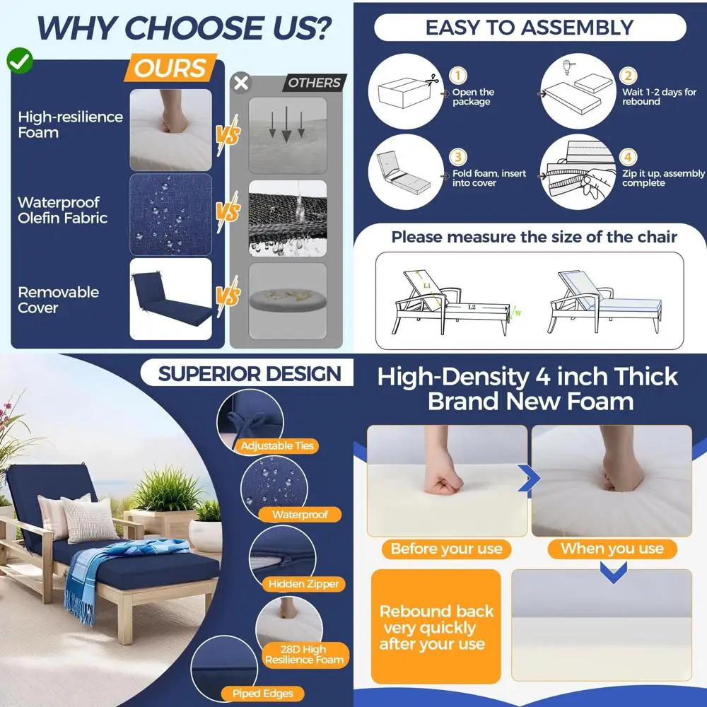 Waterproof Fade-Resistant Outdoor Chaise Lounge Cushion, Removable Cover, 70x22x4 Blue Patio Deck Cushion
Waterproof Fade-Resistant Outdoor Chaise Lounge Cushion, Removable Cover, 70x22x4 Blue Patio Deck Cushion