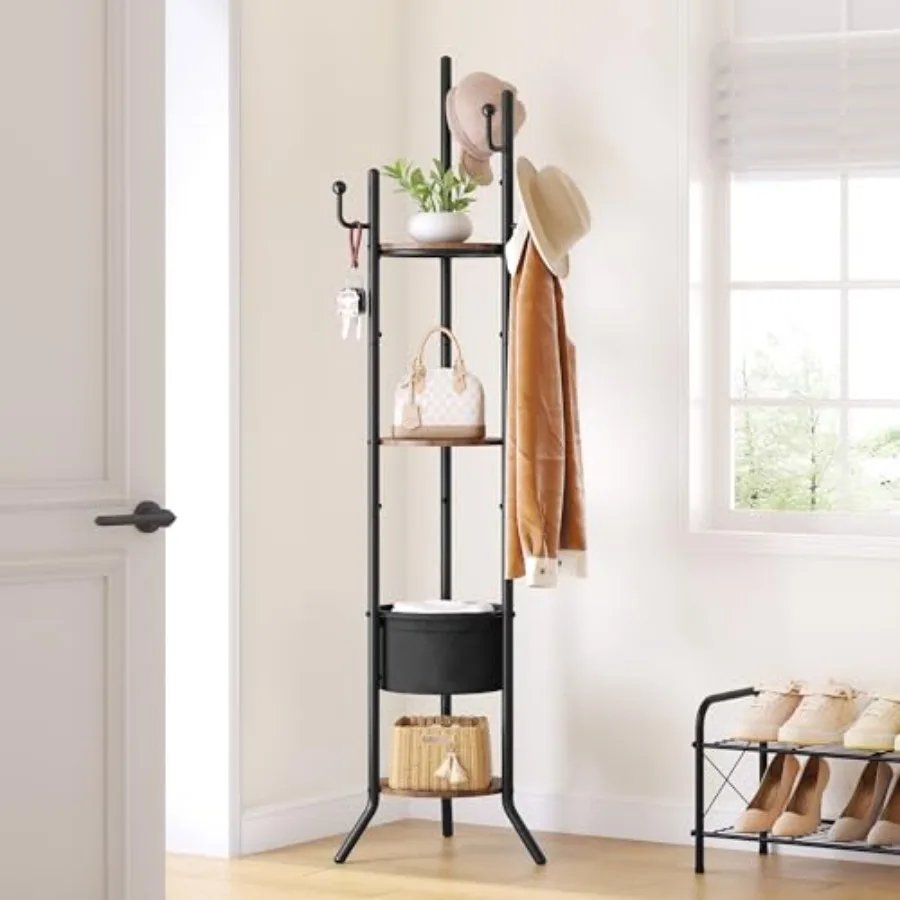 Coat Rack Freestanding, Round Coat Rack with 3 Wooden Shelves and 1 Fabric Basket, Metal Clothes Tree with 5 Hooks, Coat Hanger
Coat Rack Freestanding, Round Coat Rack with 3 Wooden Shelves and 1 Fabric Basket, Metal Clothes Tree with 5 Hooks, Coat Hanger