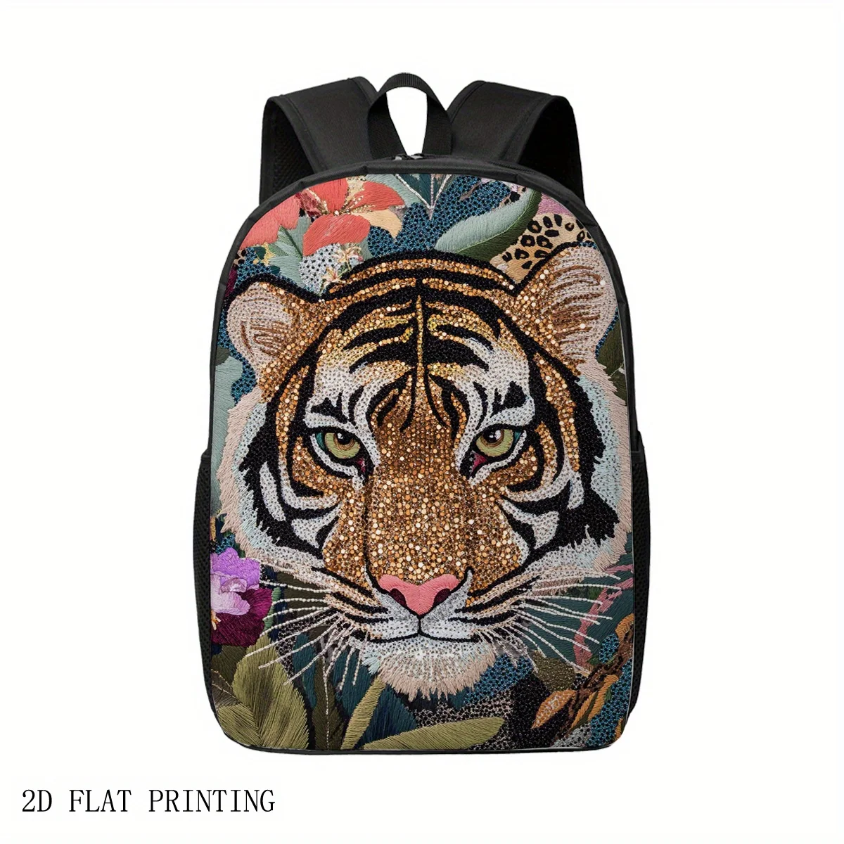 1 bright tiger face backpack with rhinestone trim and floral pattern - durable 2D flat print, adjustable shoulder strap
1 bright tiger face backpack with rhinestone trim and floral pattern - durable 2D flat print, adjustable shoulder strap
