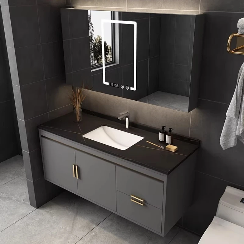 Комбинированный шкаф для ванной из сланца с умным зеркальным шкафом и раковиной
Комбинированный шкаф для ванной из сланца с умным зеркальным шкафом и раковиной