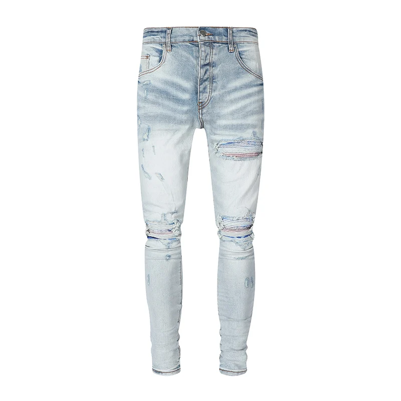 Fashionable new men's jeans washed nostalgic stretch slim fit blue patch jeans high street designer hip-hop brand light blue pan
Fashionable new men's jeans washed nostalgic stretch slim fit blue patch jeans high street designer hip-hop brand light blue pan
