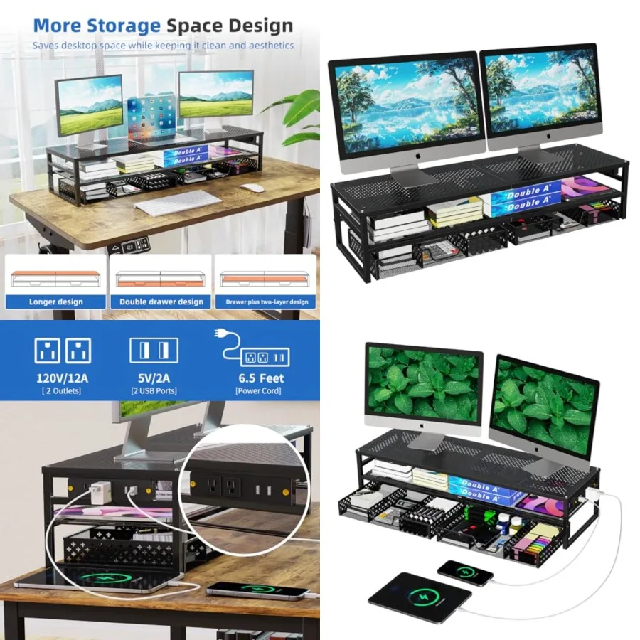 2 Tier Metal Monitor Stand Riser with USB 2.0 and Charging Prot, Computer Office Desktop Organizer for 2 Monitors with 2 Drawer
2 Tier Metal Monitor Stand Riser with USB 2.0 and Charging Prot, Computer Office Desktop Organizer for 2 Monitors with 2 Drawer