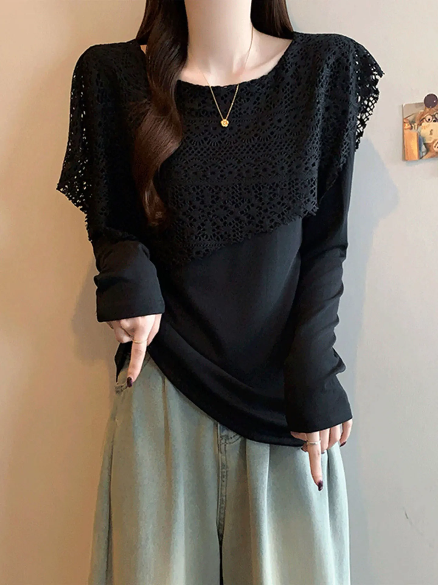 Bla Lace Hollow out oulder Long Sve T-irt Women's Spring Casual Sle Loose Fit Ele Two-Piece Look Top
Bla Lace Hollow out oulder Long Sve T-irt Women's Spring Casual Sle Loose Fit Ele Two-Piece Look Top