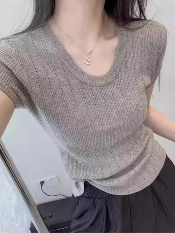 Chic Grey Short Sleeve Knit Top Women's Summer Thin Style Outerwear Slimming Versatile Korean Style round Neck Pullover T-Shirt
Chic Grey Short Sleeve Knit Top Women's Summer Thin Style Outerwear Slimming Versatile Korean Style round Neck Pullover T-Shirt