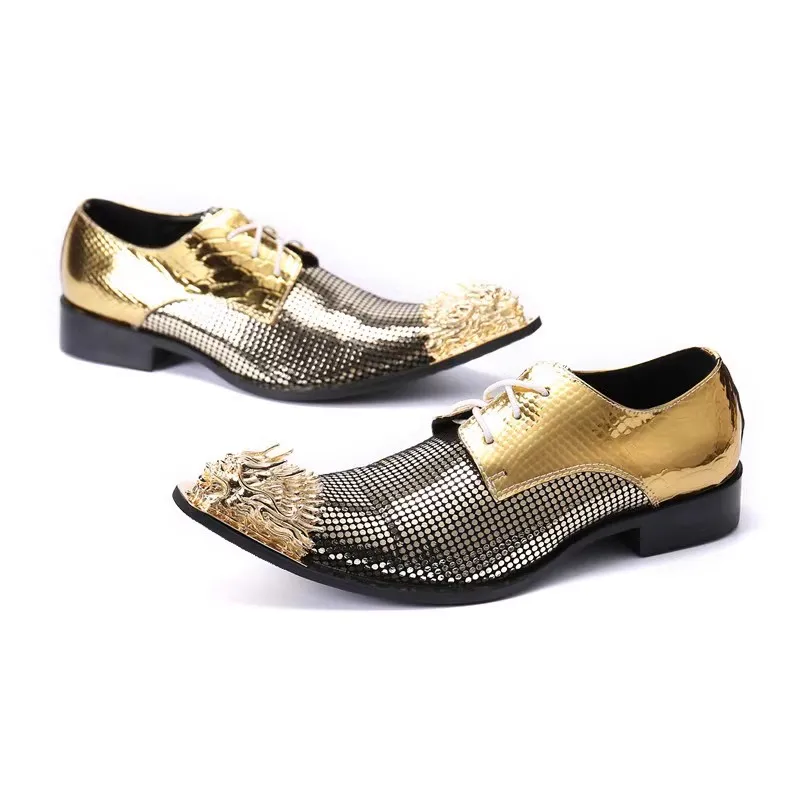 Men's Leather Shoes Metal Pointed Toe Shining Gold Slip-Ons for Party Dress Show Shoes with Block Heel
Men's Leather Shoes Metal Pointed Toe Shining Gold Slip-Ons for Party Dress Show Shoes with Block Heel